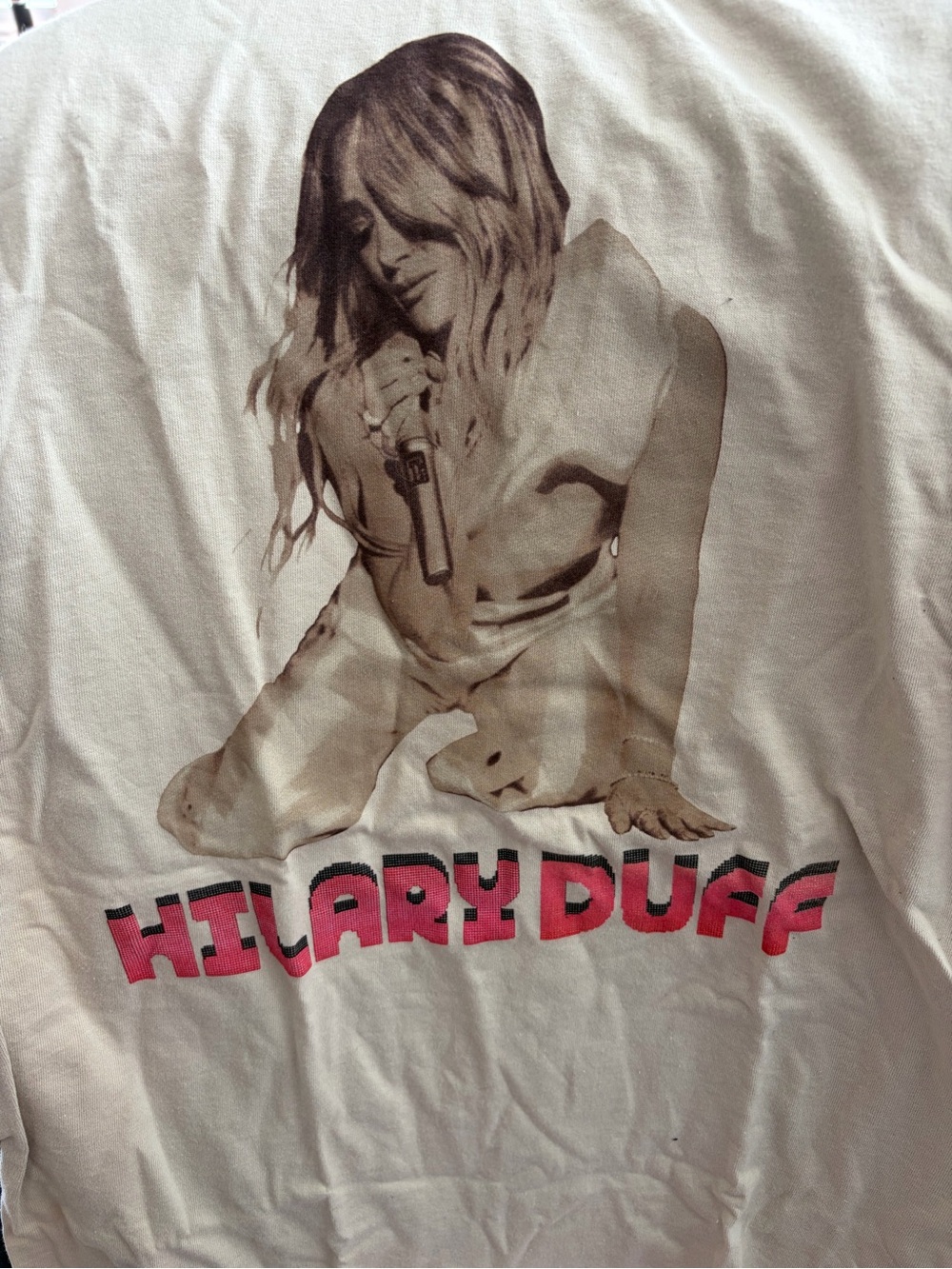 Hilary Duff Graphic Tee in adult size medium Cream with Pink Lettering